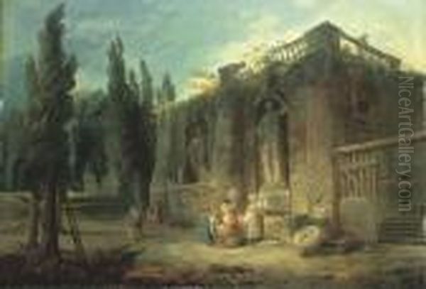 Une Fontaine Avec Des Lavandieres Dans Un Parc Orne De Sculpturesantiques Oil Painting by Hubert Robert