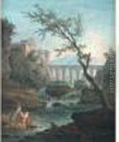 Paysage Au Pont De Pierre Avec Des Lavandieres Pres D'une Cascade Oil Painting by Hubert Robert