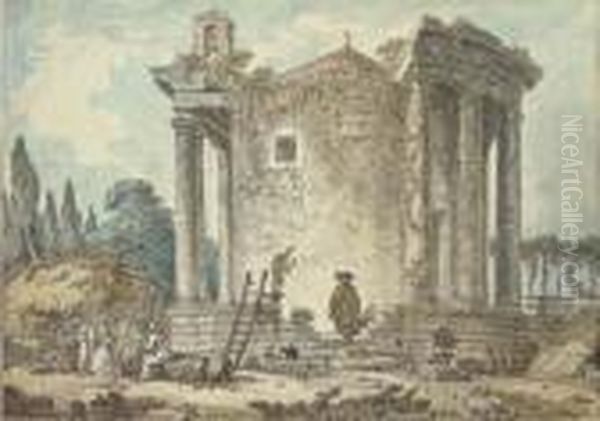 A Capriccio With The Temple Of 
The Sybil At Tivoli, Capuchinpriests Standing Amongst The Ruins Oil Painting by Hubert Robert