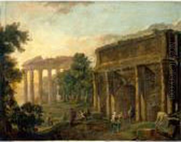 An Architectural Capriccio With Figures Among Roman Ruins Oil Painting by Hubert Robert