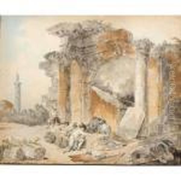 Men Playing Dice Among Classical Ruins Oil Painting by Hubert Robert