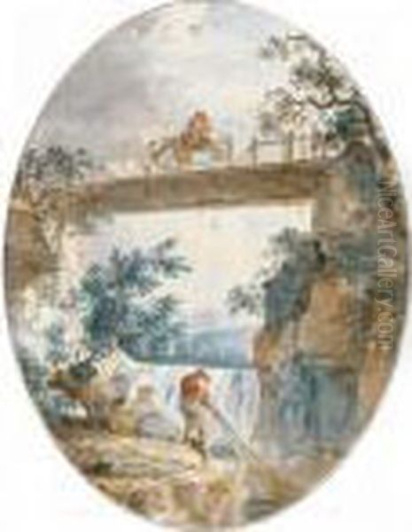 A Fisherman Pulling A Net From A
 River Near A Small Waterfall, A Woman Resting Nearby, And A Shepherdess
 On A Horse Crossing A Bridge With Her Flock Oil Painting by Hubert Robert