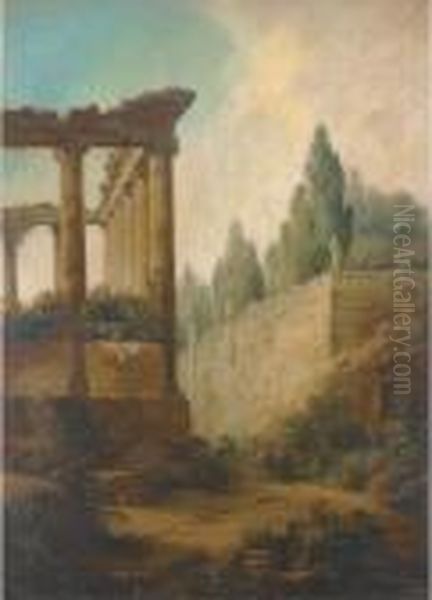 A Capriccio Of The Roman Forum And The Farnese Gardens Oil Painting by Hubert Robert