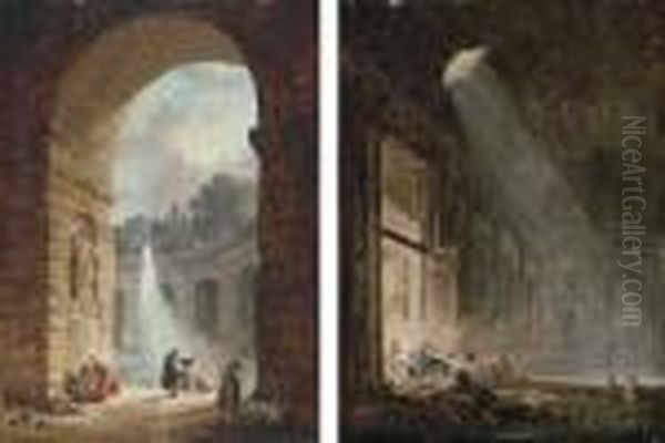 A Ruined Gallery With Shepherds By A Fountain Oil Painting by Hubert Robert