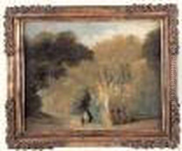 Couple De Promeneurs Et Un Enfant Devant Une Statue Dans Un Parc Oil Painting by Hubert Robert