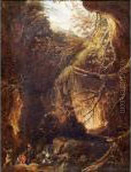 Figures By A Waterfall In A Wooded Landscape Oil Painting by Hubert Robert