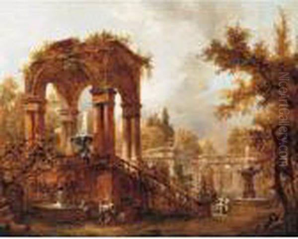 An Architectural Capriccio Of A Roman Villa And Its Gardens, With Figures By A Fountain Oil Painting by Hubert Robert