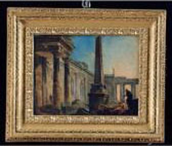 Capriccio Architettonico Con Tempio, Obelisco E Figure Oil Painting by Hubert Robert