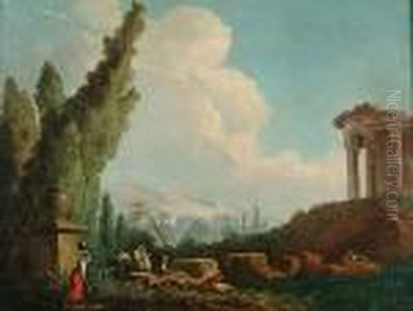 An Italianate Landscape With Figures Amongst Ruins Beside A River Oil Painting by Hubert Robert