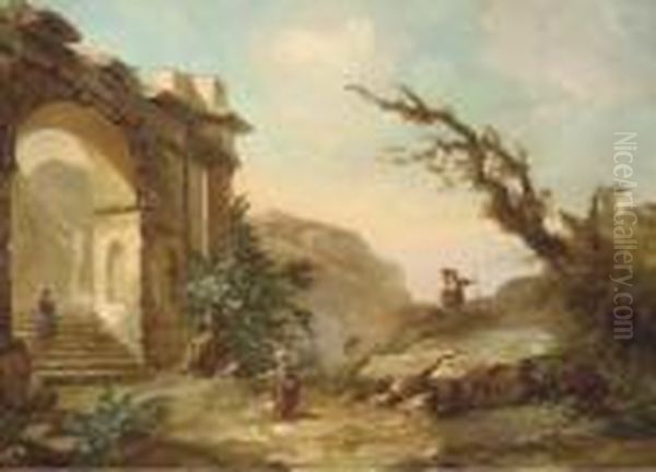 A Rocky Mountain Landscape With Figures Near A Classical Arch Oil Painting by Hubert Robert