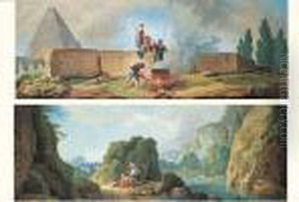 Obelisque Avec Des Personnages Autour D'un Brasero Oil Painting by Hubert Robert