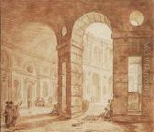 La Cour Du Palais De Caprarola A Viterbe Oil Painting by Hubert Robert