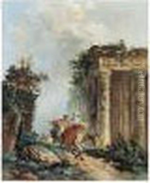 Two Figures On Horseback In A Landscape With Ruins Oil Painting by Hubert Robert