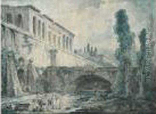 Femmes Et Enfants Au Lavoir Au Pied D'une Villa Oil Painting by Hubert Robert