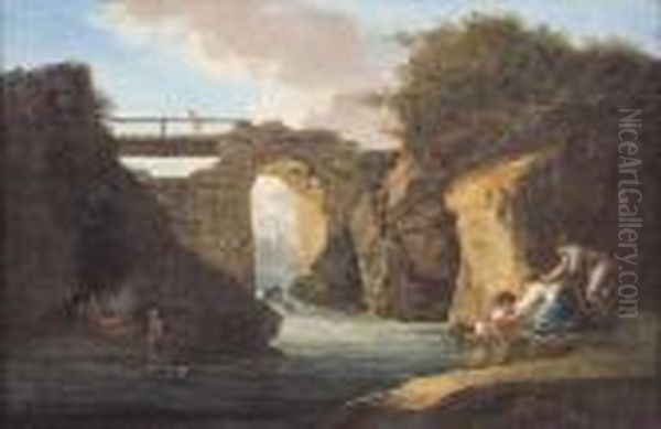 Paesaggio Con Ponte E Figure Oil Painting by Hubert Robert