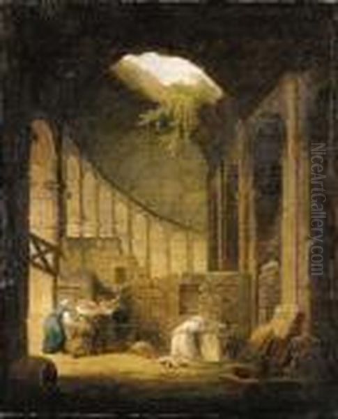 A Hermit Praying Before An Altar In A Ruined Chapel, With Three Woman Offering Flowers Oil Painting by Hubert Robert