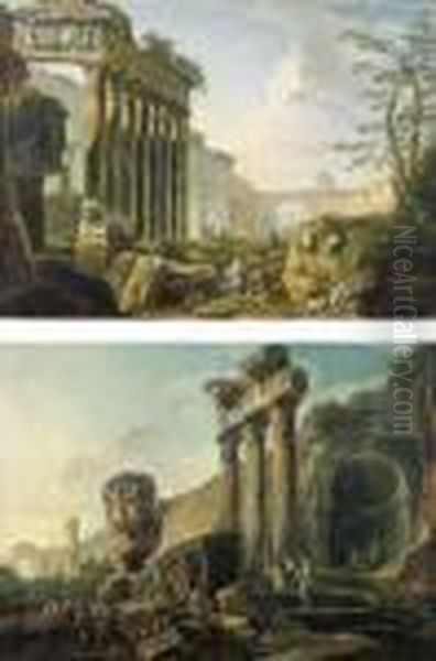 Capriccio Con Il Pronao Di Un 
Tempio Ottastilo, Altre Rovine E Astanti Capriccio Con Il Tempio Di 
Giove Oil Painting by Hubert Robert