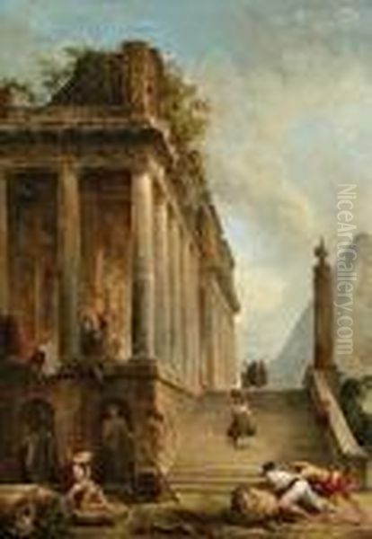 A Capriccio Of A Ruined Classical Temple And A Pyramid With A Flight Of Steps Oil Painting by Hubert Robert