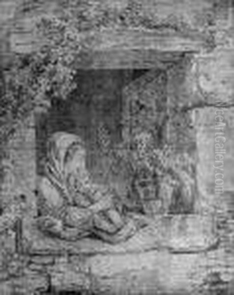 A Mother And Child Embracing By A Cottage Window Oil Painting by Hubert Robert