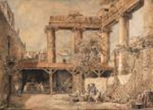 A Courtyard At The Villa Pamphilj, Rome Oil Painting by Hubert Robert