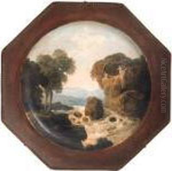 A Gorge With Figures On A Rock 
Above A Waterfall, Painted On Anoctagonal French Creamware Plate With A 
Beaded Rim Oil Painting by Hubert Robert