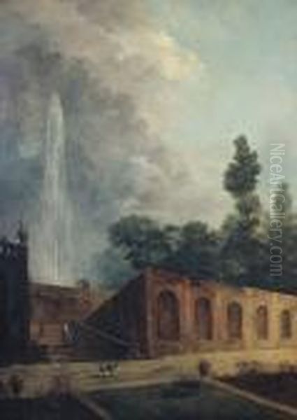 Figures In A Terraced Garden By A Fountain Oil Painting by Hubert Robert