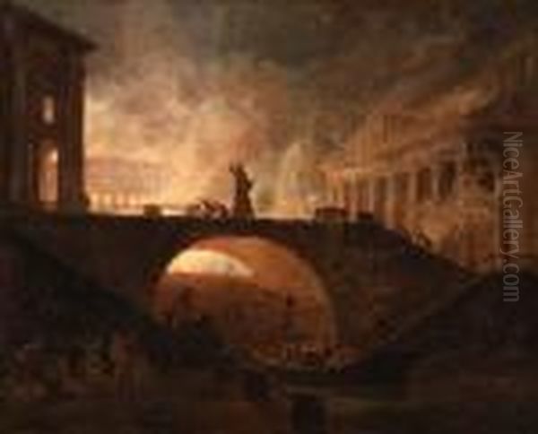 An Architectural Fantasy Of Rome
 With The Colosseum Ablaze, St.peter's And The Pantheon Beyond Oil Painting by Hubert Robert