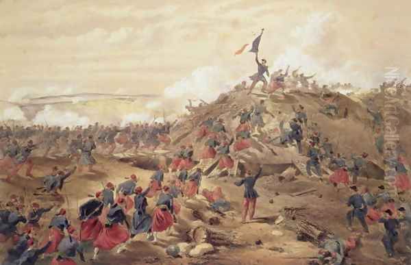 The Attack on the Malakoff, plate from The Seat of War in the East, pub. by Paul and Dominic Colnaghi and Co., 1856 Oil Painting by William Simpson