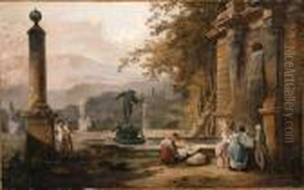 Elegant Figures And A Washerwoman By A Fountain With A Statue Ofcupid And An Obelisk Oil Painting by Hubert Robert