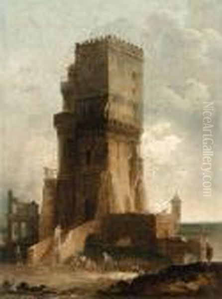 A Capriccio Of The Tower Of Benevento Oil Painting by Hubert Robert