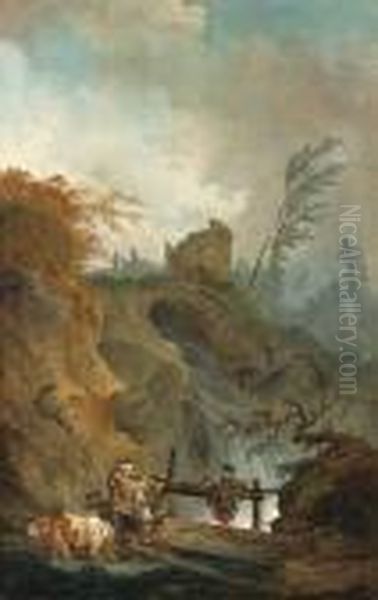 An Italianate Landscape With Peasants On A Bridge Before Awaterfall Oil Painting by Hubert Robert