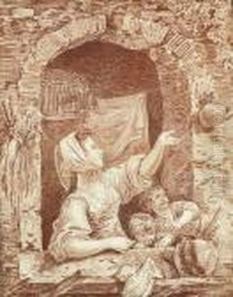 A Washerwoman And Two Children Coaxing A Bird Back Into Itscage Oil Painting by Hubert Robert