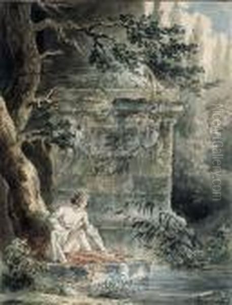 A Young Female Bather Near A Column Oil Painting by Hubert Robert