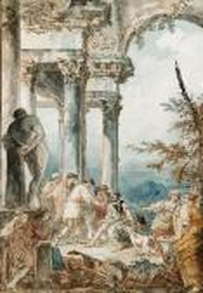 Belisarius Begging Beneath A Portico By The Farnese Hercules, Afterpanini Oil Painting by Hubert Robert