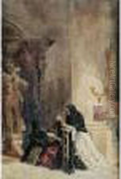 Continental Church Interior With Three Women In Black Shawlskneeling In Prayer Oil Painting by David Roberts