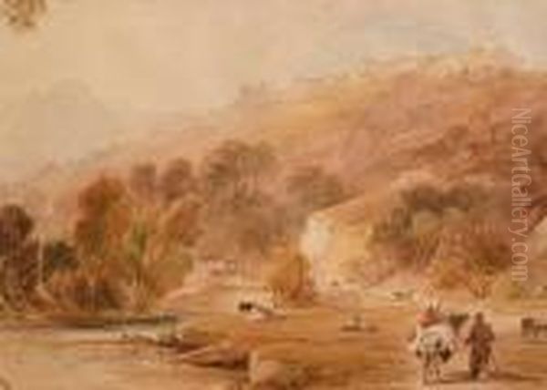 Figures And Cattle Below A Walled Town Oil Painting by David Roberts