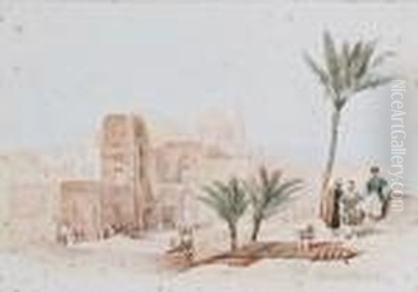 Figures By A Mosque Oil Painting by David Roberts