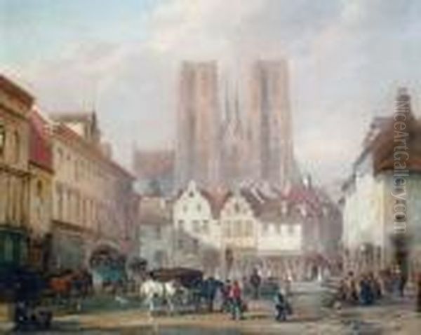 A Continental Town Square, A Cathedralbeyond Oil Painting by David Roberts