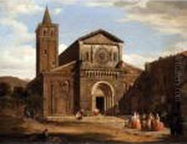 An Italian Church With Figures In The Foreground Oil Painting by David Roberts