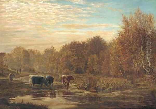 Cattle watering at sunset Oil Painting by William Simpson