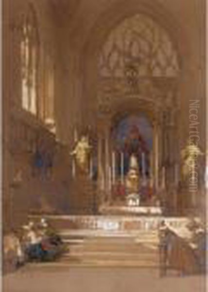 Figures Praying At The Altar Of A Church In Northern France Oil Painting by David Roberts