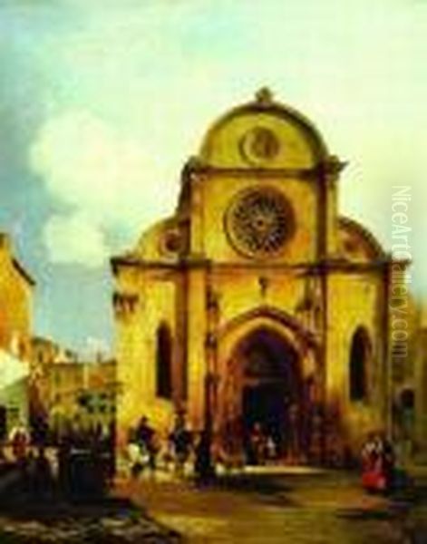 Church In An Italian Plaza Oil Painting by David Roberts