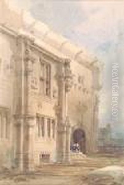 Figures By An Elegant Building Oil Painting by David Roberts