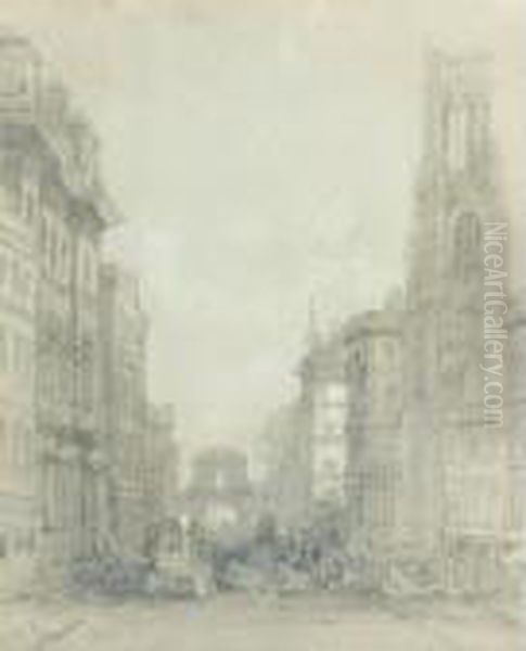 Fleet Street At Temple Bar With The Church Of St.dunstans-in-the-west Oil Painting by David Roberts