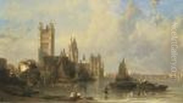 The Houses Of Parliament From Millbank Oil Painting by David Roberts