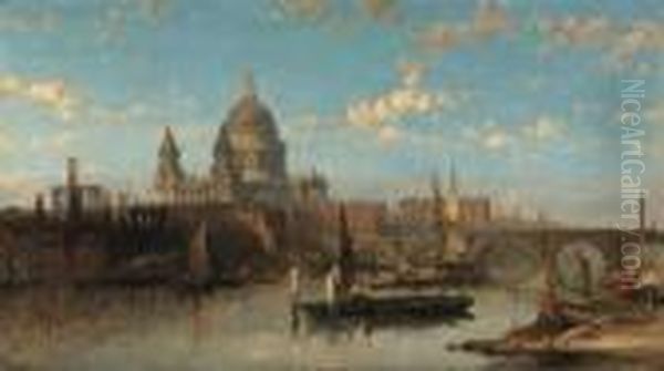 St Paul's From The River Thames, Looking East Oil Painting by David Roberts