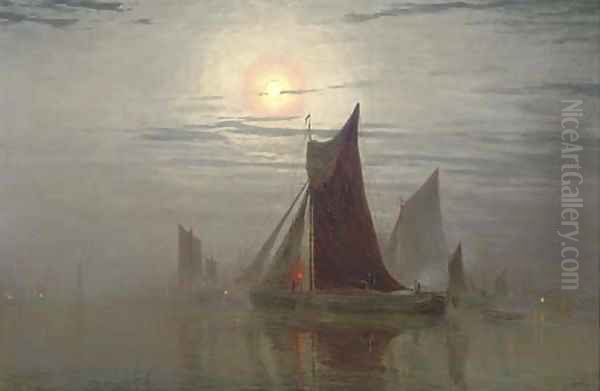 Shipping vessels by moonlight Oil Painting by William Simpson