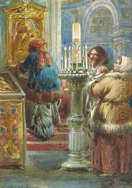 Figures at a shrine, St Isaac's Cathedral, St Petersburg Oil Painting by William Simpson