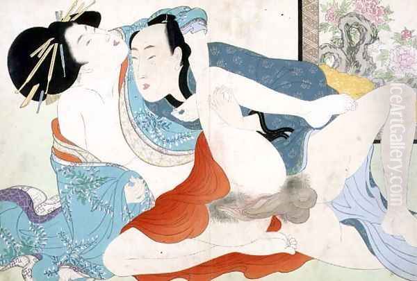 A couple having sex, 1880s-90s Oil Painting by Meiji Shunga