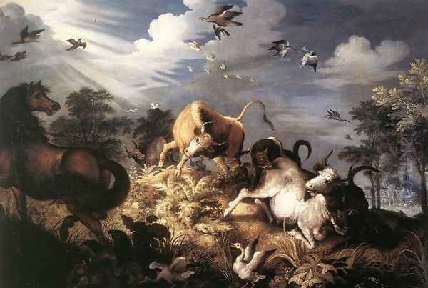 Horses and Oxen Attacked by Wolves Oil Painting by Roelandt Jacobsz Savery